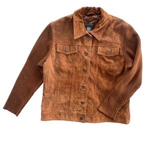 Relativity Womens L Camel Brown Genuine Leather Suede Knit Sleeve Trucker Jacket